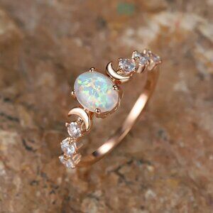 Oval Opal Moon Ring - Vintage-Inspired Rose Gold Tone  Cubic Zirconia size 10